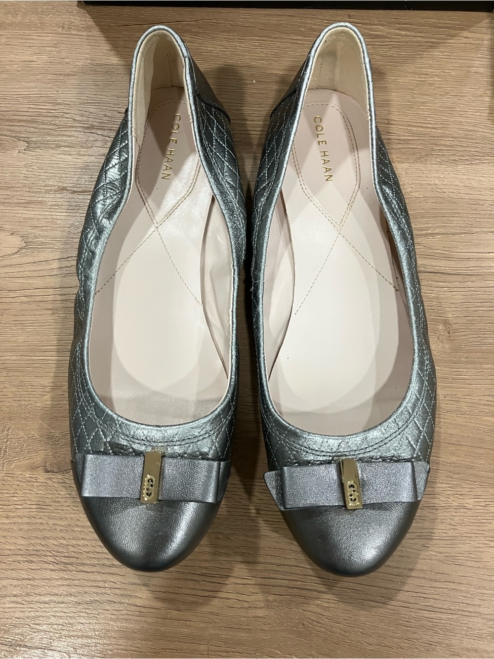 Cole Haan Metallic Silver Quilted Ballet Flats with Bow Accent